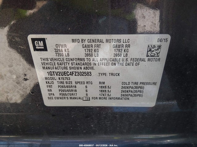 2015 Gmc Sierra 1500 Sle მანქანა იყიდება აუქციონზე, vin: 1GTV2UEC4FZ302583, აუქციონის ნომერი: 45069037
