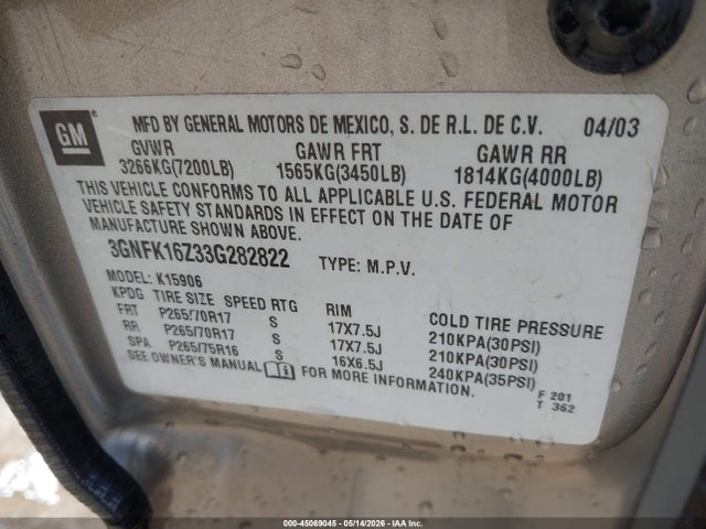45069045 :رقم المزاد ، 3GNFK16Z33G282822 vin ، 2003 Chevrolet Suburban 1500 Z71 مزاد بيع