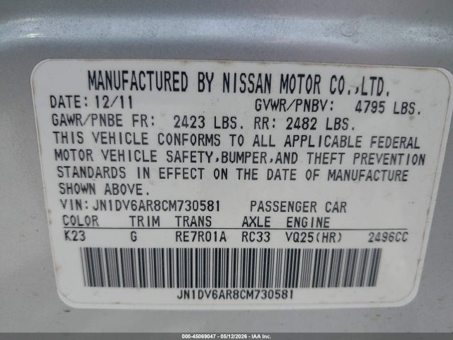 45069047 :رقم المزاد ، JN1DV6AR8CM730581 vin ، 2012 Infiniti G25x مزاد بيع