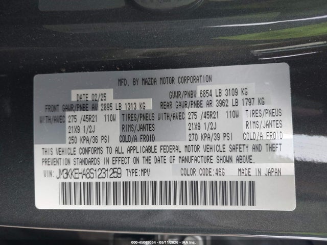 2025 Mazda Cx-90 Phev Premium Plus Package მანქანა იყიდება აუქციონზე, vin: JM3KKEHA8S1231259, აუქციონის ნომერი: 45069054