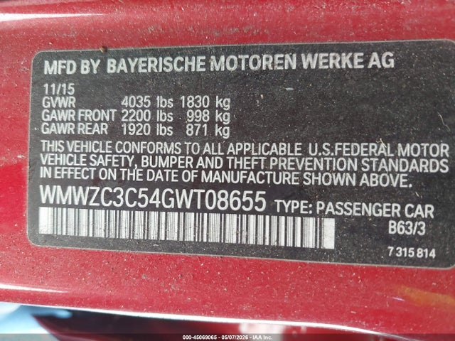 Продаж на аукціоні авто 2016 Mini Countryman Cooper S, vin: WMWZC3C54GWT08655, номер лоту: 45069065