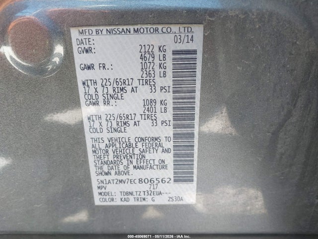 Aukcja sprzedaży 2014 Nissan Rogue Sv, vin: 5N1AT2MV7EC806562, numer aukcji: 45069071
