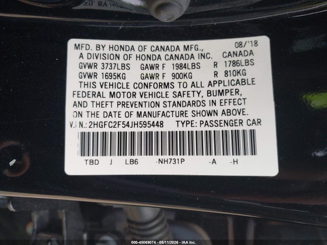 Aukcja sprzedaży 2018 Honda Civic Lx, vin: 2HGFC2F54JH595448, numer aukcji: 45069074