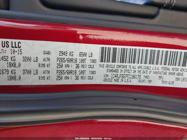 Продажа на аукционе авто 2015 Jeep Grand Cherokee Limited, vin: 1C4RJFBG7FC186175, номер лота: 45069089