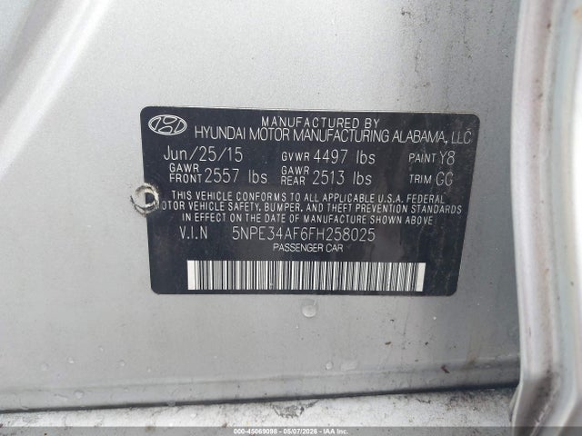 45069098 :رقم المزاد ، 5NPE34AF6FH258025 vin ، 2015 Hyundai Sonata Sport مزاد بيع