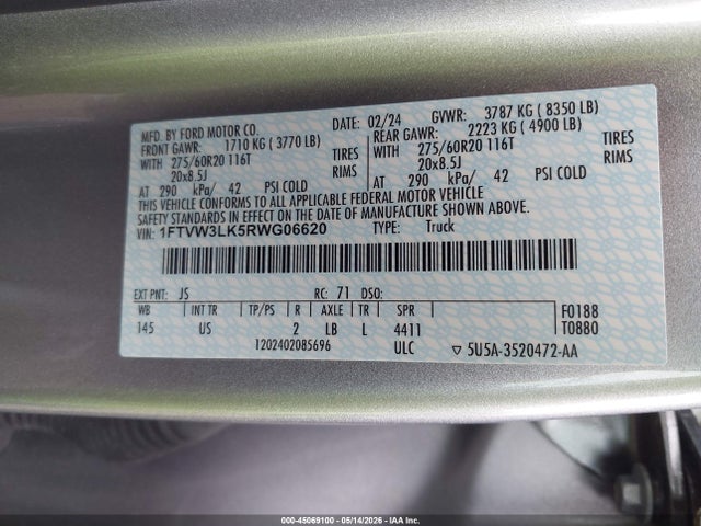 Aukcja sprzedaży 2024 Ford F-150 Lightning Xlt, vin: 1FTVW3LK5RWG06620, numer aukcji: 45069100