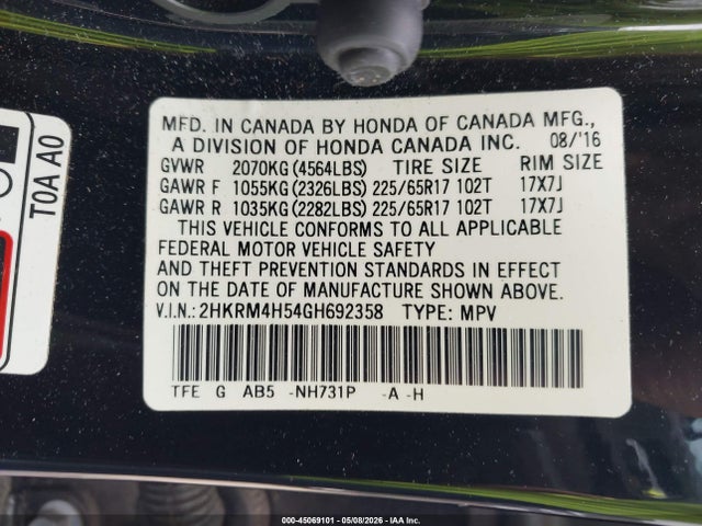 2016 Honda Cr-v Ex მანქანა იყიდება აუქციონზე, vin: 2HKRM4H54GH692358, აუქციონის ნომერი: 45069101