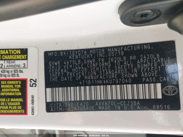 45069106 :رقم المزاد ، 4T1B11HK4KU797040 vin ، 2019 Toyota Camry Se مزاد بيع