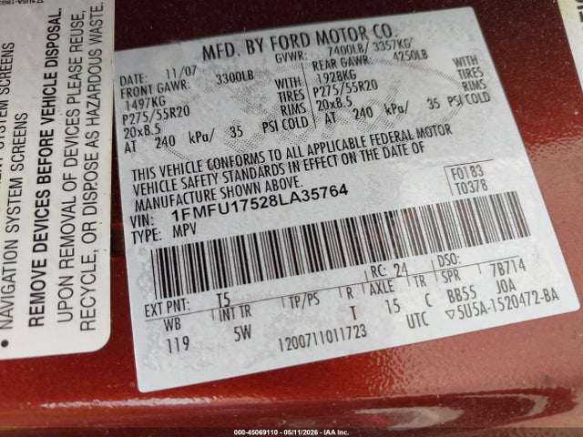45069110 :رقم المزاد ، 1FMFU17528LA35764 vin ، 2008 Ford Expedition Eddie Bauer/king Ranch مزاد بيع