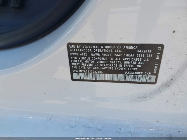 2018 Volkswagen Passat 3.6l V6 Gt მანქანა იყიდება აუქციონზე, vin: 1VWJM7A35JC037584, აუქციონის ნომერი: 45069138