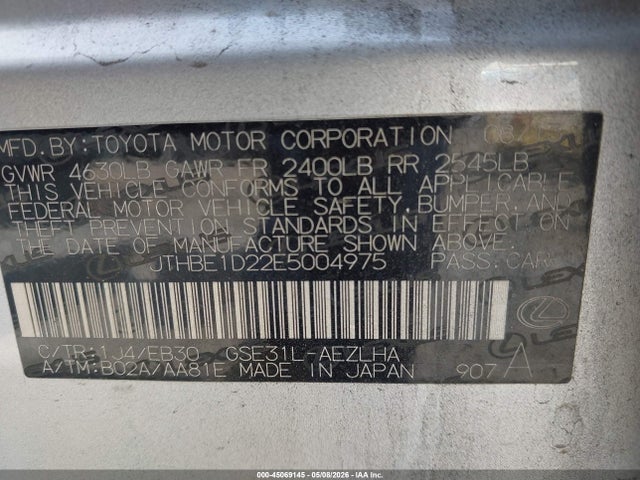 2014 Lexus Is 350 მანქანა იყიდება აუქციონზე, vin: JTHBE1D22E5004975, აუქციონის ნომერი: 45069145
