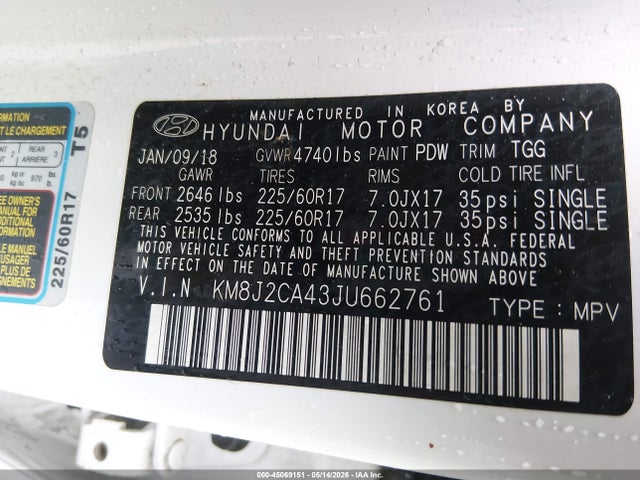 2018 Hyundai Tucson Se მანქანა იყიდება აუქციონზე, vin: KM8J2CA43JU662761, აუქციონის ნომერი: 45069151