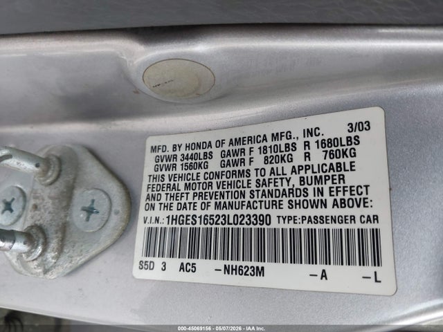 2003 Honda Civic Lx მანქანა იყიდება აუქციონზე, vin: 1HGES16523L023390, აუქციონის ნომერი: 45069156