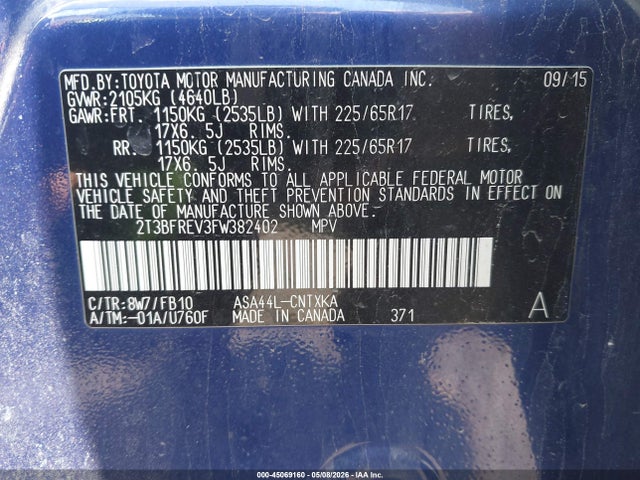 Продажа на аукционе авто 2015 Toyota Rav4 Le, vin: 2T3BFREV3FW382402, номер лота: 45069160