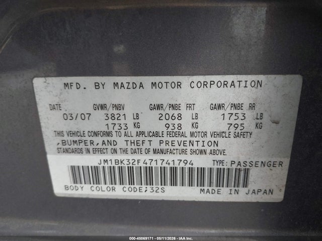 Продаж на аукціоні авто 2007 Mazda Mazda3 I, vin: JM1BK32F471741794, номер лоту: 45069171