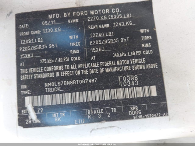 45069194 :رقم المزاد ، NM0LS7BN8BT067467 vin ، 2011 Ford Transit Connect Xlt مزاد بيع