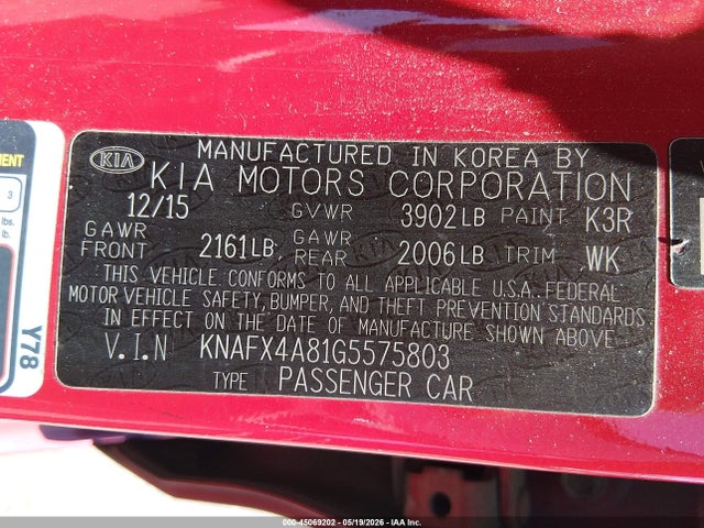 45069202 :رقم المزاد ، KNAFX4A81G5575803 vin ، 2016 Kia Forte Ex مزاد بيع