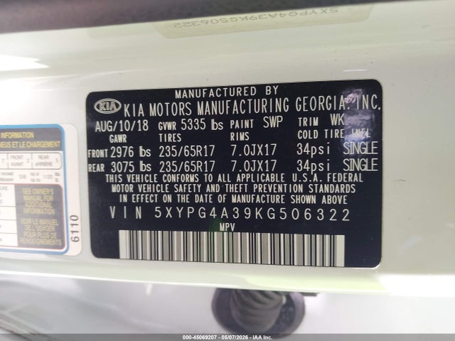 2019 Kia Sorento 2.4l Lx მანქანა იყიდება აუქციონზე, vin: 5XYPG4A39KG506322, აუქციონის ნომერი: 45069207