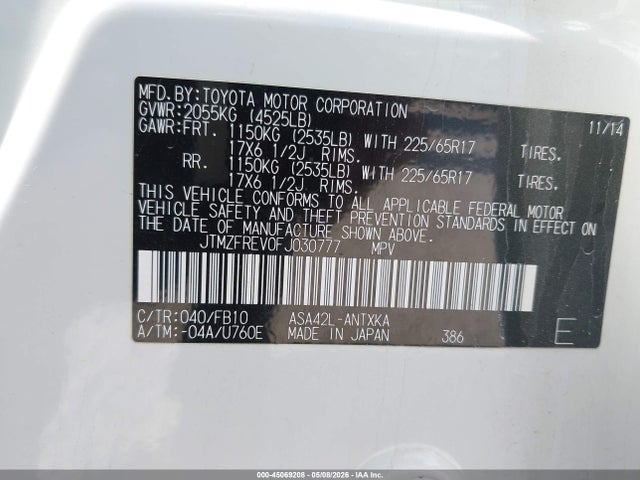 Aukcja sprzedaży 2015 Toyota Rav4 Le, vin: JTMZFREV0FJ030777, numer aukcji: 45069208