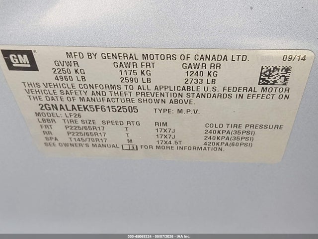 2015 Chevrolet Equinox Ls მანქანა იყიდება აუქციონზე, vin: 2GNALAEK5F6152505, აუქციონის ნომერი: 45069224