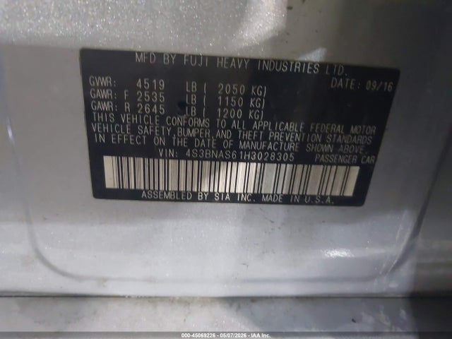 45069226 :رقم المزاد ، 4S3BNAS61H3028305 vin ، 2017 Subaru Legacy 2.5i Sport مزاد بيع