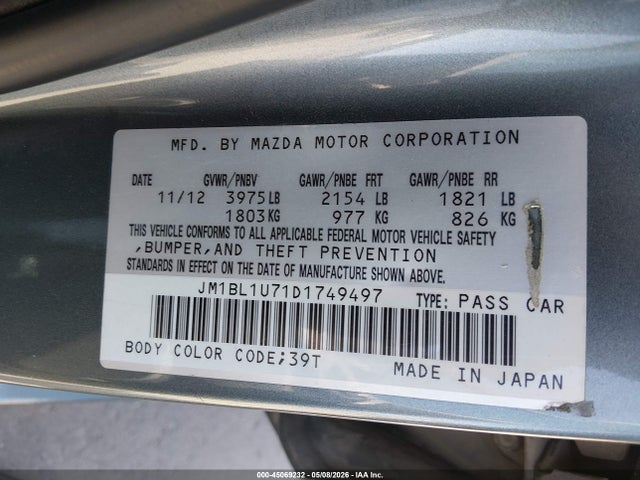 Aukcja sprzedaży 2013 Mazda Mazda3 I Sport, vin: JM1BL1U71D1749497, numer aukcji: 45069232