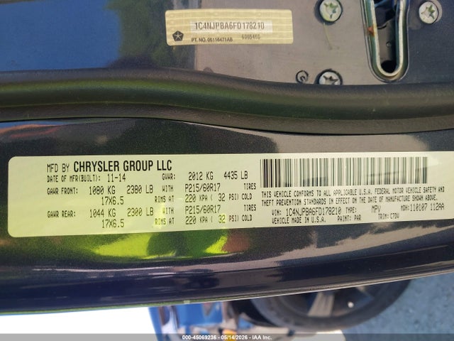 45069236 :رقم المزاد ، 1C4NJPBA6FD178210 vin ، 2015 Jeep Patriot Altitude Edition مزاد بيع