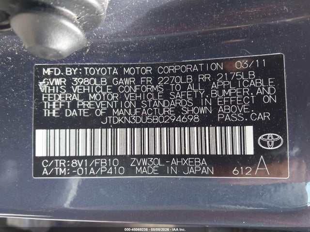 Продаж на аукціоні авто 2011 Toyota Prius Three, vin: JTDKN3DU5B0294698, номер лоту: 45069238