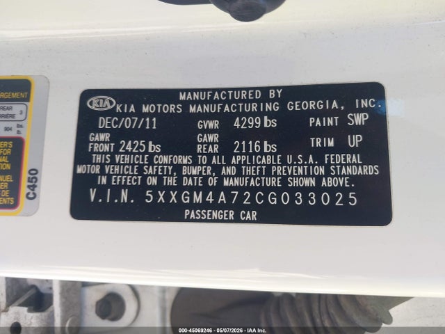 Aukcja sprzedaży 2012 Kia Optima Lx, vin: 5XXGM4A72CG033025, numer aukcji: 45069246