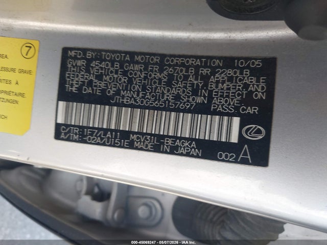 Aukcja sprzedaży 2006 Lexus Es 330, vin: JTHBA30G565157697, numer aukcji: 45069247