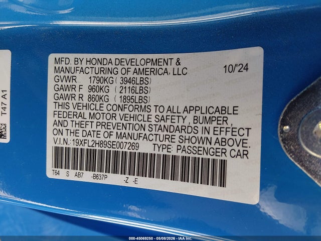 2025 Honda Civic Sedan Sport მანქანა იყიდება აუქციონზე, vin: 19XFL2H89SE007269, აუქციონის ნომერი: 45069250