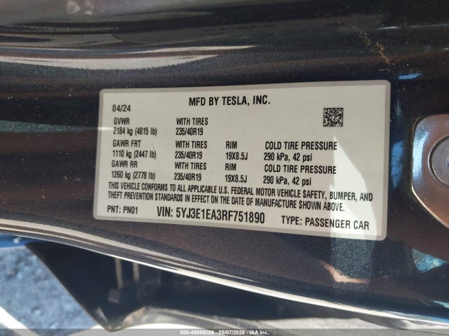 2024 Tesla Model 3 Long Range Dual Motor All-wheel Drive/rear-wheel Drive მანქანა იყიდება აუქციონზე, vin: 5YJ3E1EA3RF751890, აუქციონის ნომერი: 45069256