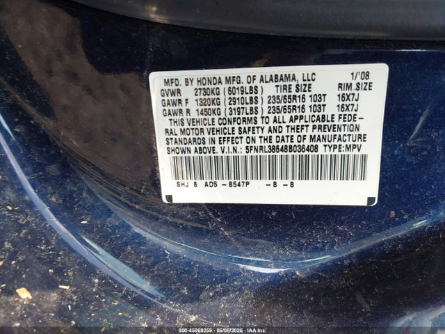 45069259 :رقم المزاد ، 5FNRL38648B036408 vin ، 2008 Honda Odyssey Ex-l مزاد بيع