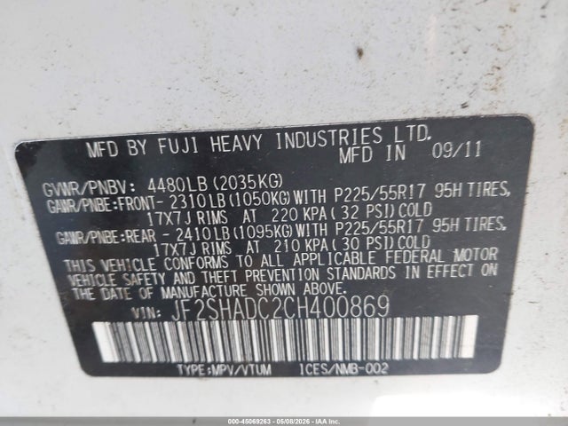 45069263 :رقم المزاد ، JF2SHADC2CH400869 vin ، 2012 Subaru Forester 2.5x Premium مزاد بيع