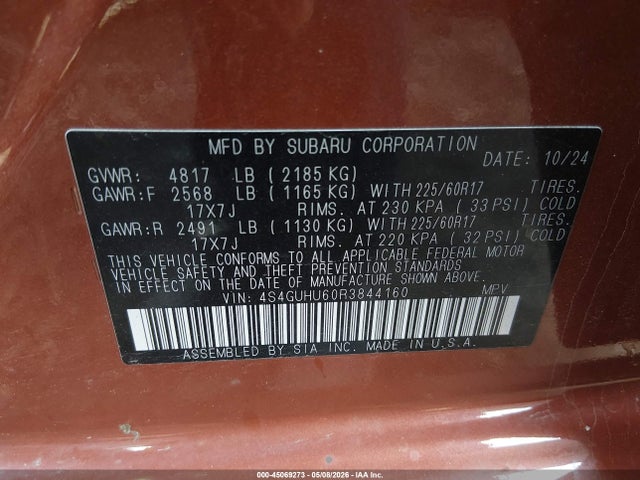 Aukcja sprzedaży 2024 Subaru Crosstrek Wilderness, vin: 4S4GUHU60R3844160, numer aukcji: 45069273