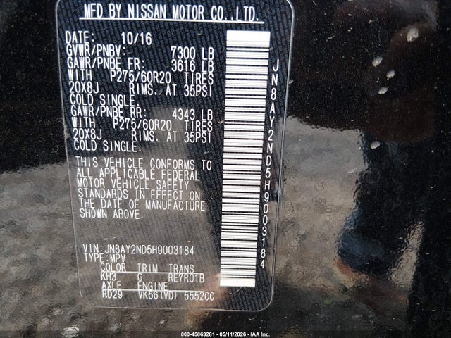 Продаж на аукціоні авто 2017 Nissan Armada Sl, vin: JN8AY2ND5H9003184, номер лоту: 45069281