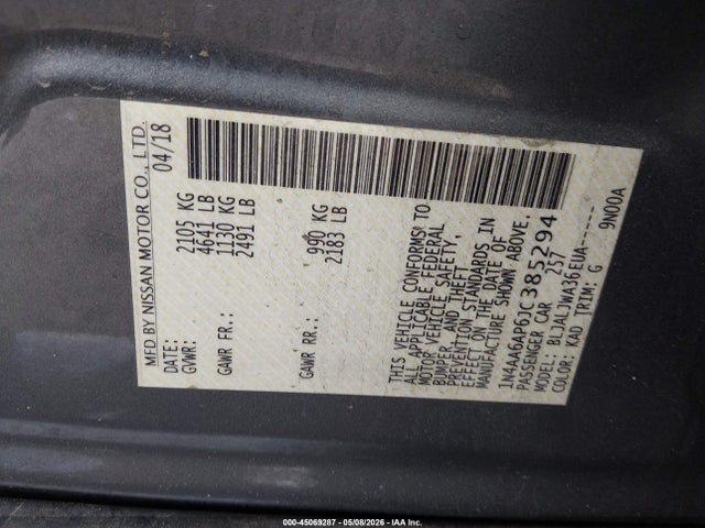 45069287 :رقم المزاد ، 1N4AA6AP6JC385294 vin ، 2018 Nissan Maxima 3.5 Sv مزاد بيع