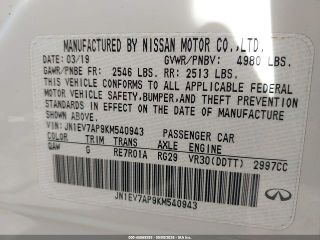 Aukcja sprzedaży 2019 Infiniti Q50 3.0t Signature Edition, vin: JN1EV7AP9KM540943, numer aukcji: 45069288