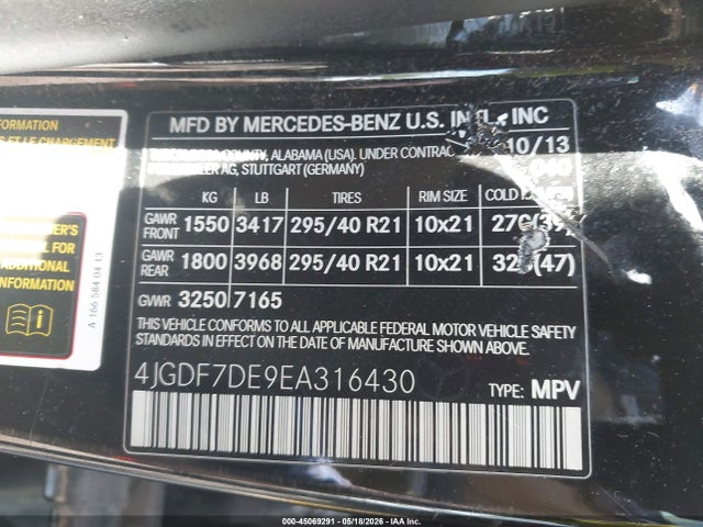 45069291 :رقم المزاد ، 4JGDF7DE9EA316430 vin ، 2014 Mercedes-benz Gl 550 4matic مزاد بيع
