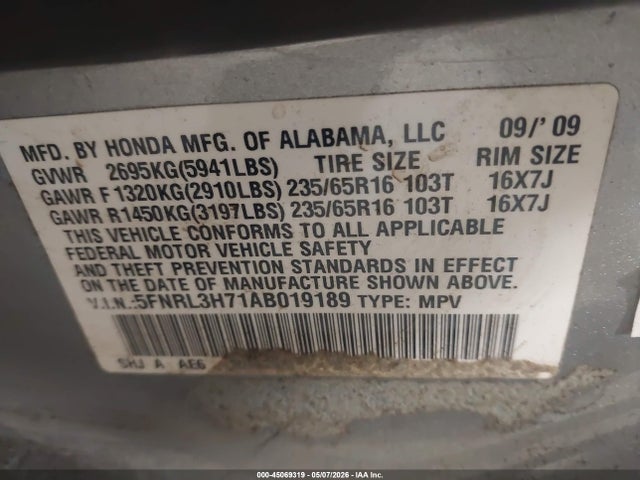 Aukcja sprzedaży 2010 Honda Odyssey Ex-l, vin: 5FNRL3H71AB019189, numer aukcji: 45069319