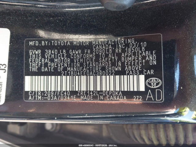 2010 Toyota Corolla Le მანქანა იყიდება აუქციონზე, vin: 2T1BU4EE0AC380022, აუქციონის ნომერი: 45069343