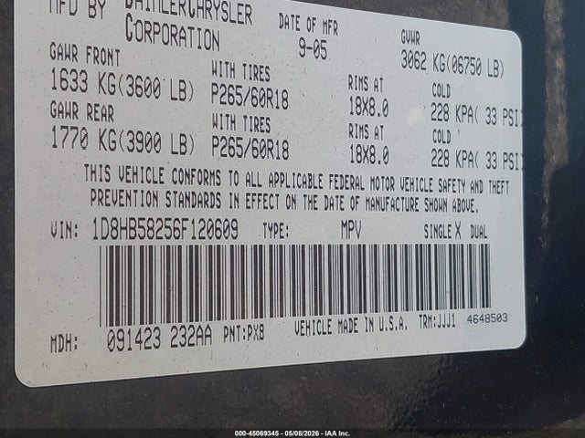 Продаж на аукціоні авто 2006 Dodge Durango Limited, vin: 1D8HB58256F120609, номер лоту: 45069345