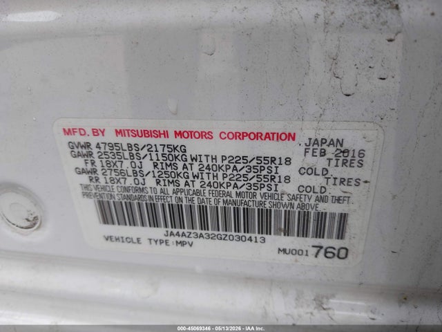 Aukcja sprzedaży 2016 Mitsubishi Outlander Es, vin: JA4AZ3A32GZ030413, numer aukcji: 45069346