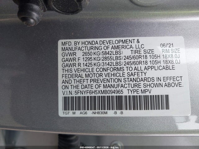 Продаж на аукціоні авто 2021 Honda Pilot Awd Ex-l, vin: 5FNYF6H5XMB094965, номер лоту: 45069347