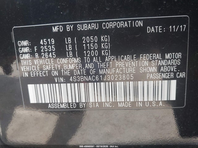 2018 Subaru Legacy 2.5i Premium მანქანა იყიდება აუქციონზე, vin: 4S3BNAC61J3023805, აუქციონის ნომერი: 45069361