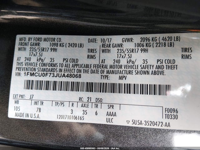 Aukcja sprzedaży 2018 Ford Escape S, vin: 1FMCU0F73JUA48068, numer aukcji: 45069363