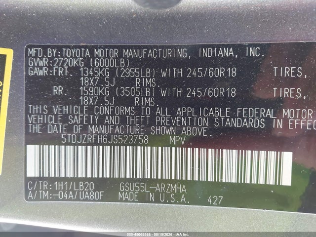 Продажа на аукционе авто 2018 Toyota Highlander Xle, vin: 5TDJZRFH6JS523758, номер лота: 45069366