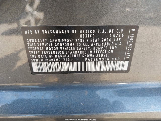 2026 Volkswagen Jetta S მანქანა იყიდება აუქციონზე, vin: 3VW5W7BU0TM017201, აუქციონის ნომერი: 45069368