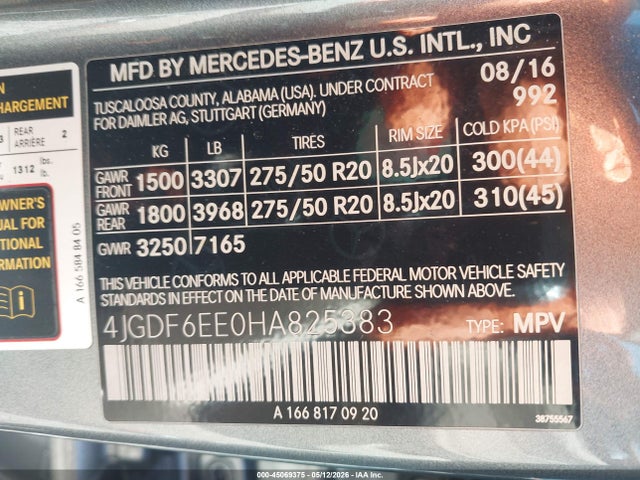 45069375 :رقم المزاد ، 4JGDF6EE0HA825383 vin ، 2017 Mercedes-benz Gls 450 4matic مزاد بيع
