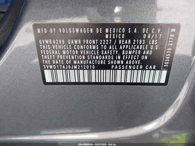 45069384 :رقم المزاد ، 3VWD17AJ6JM212010 vin ، 2018 Volkswagen Jetta 1.8t Se Sport مزاد بيع